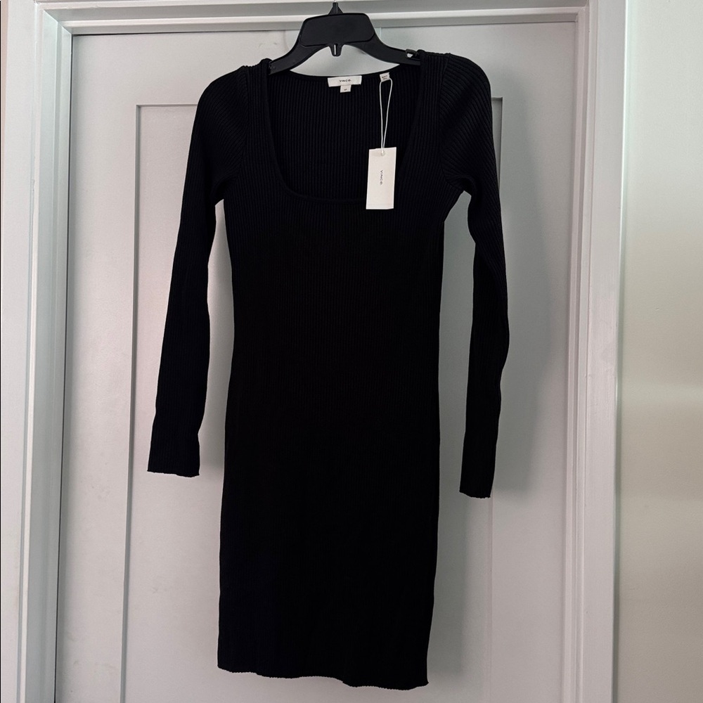 NWT Vince Square Neck Knit Dress Long Sleeve Black Ribbed Knit Mini Small $195 - Picture 3 of 7